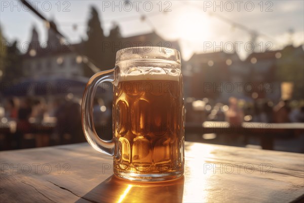 Beer mug standing on table at outdoor festival or beergarden in summer. KI generiert, generiert, AI generated