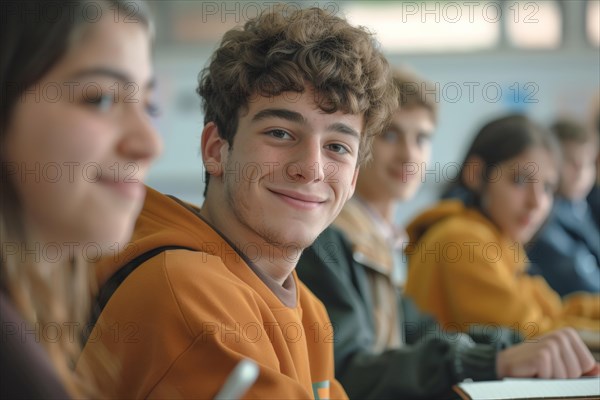 A student, teenager sits with classmates in a classroom, AI generated, AI generated, AI generated