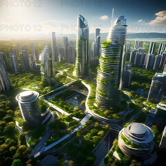 Conceptual futuristic sustainable city replete with green rooftops and integrated solar panels, AI generated