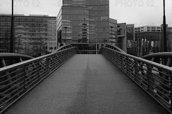 Building and bridge in the Mediapark, black and white, Cologne, Germany, Europe