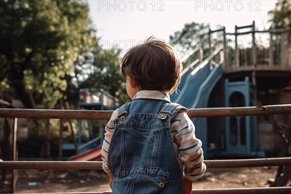 Back view of young child at empty playgorund, AI generated