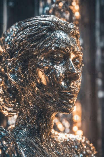 Artistic side profile of a female resembling a metallic sculpture with a textured effect and golden lights, ray tracing 3d render, AI generated