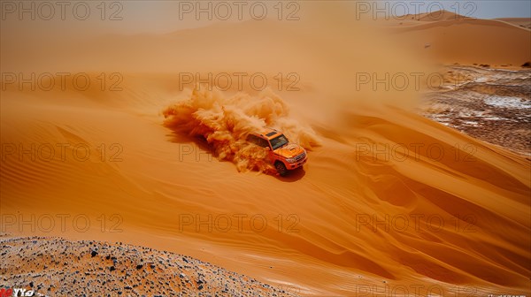A car kicking up a large cloud of sand while driving through the desert, action sports photography, AI generated