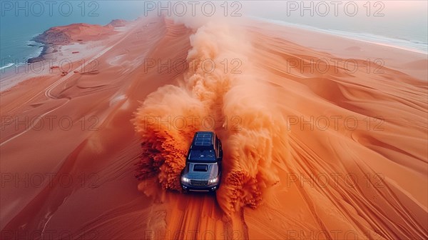 An SUV surging through a sea coastal desert, engulfed in a massive sand and dust cloud, action sports aerial drone photography, AI generated