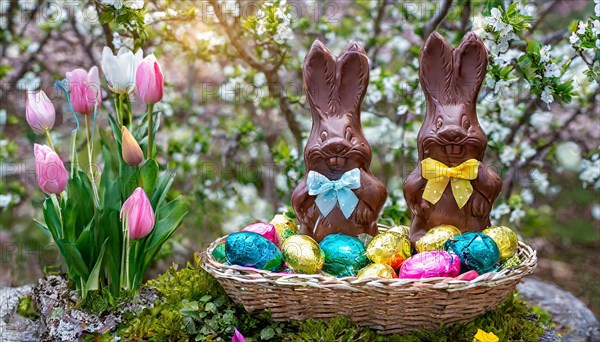Chocolate Easter bunnies in a colourful Easter nest in the garden, symbolic Easter photo, AI generated, AI generated