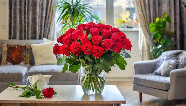 A large bouquet of red roses in a vase, stands on the table in the flat, AI generated, AI generated