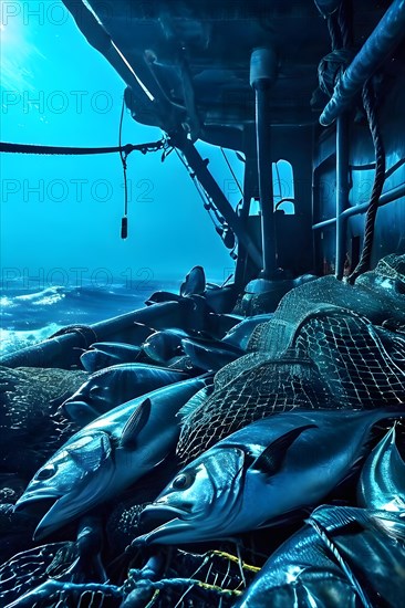 Net pulled aboard a fishing trawler overflowing with a mix of fish and bycatch, AI generated