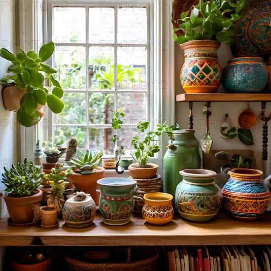 Boho kitchen shelf eclectic mix of colorful ceramic pots hanging cast iron pans shelves adorned, AI generated