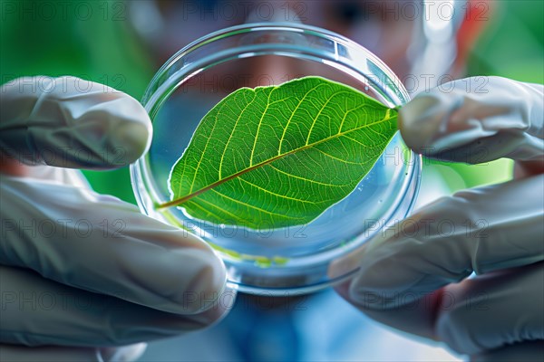 Plant leaf in petri dish held by research scientist in lab. Concept for biotechnology and genetic modification. KI generiert, generiert, AI generated