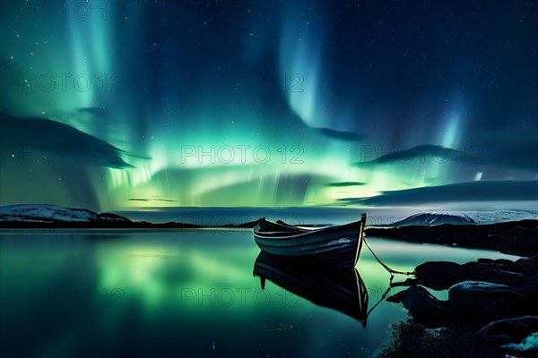 Tranquil waters aurora borealis illuminating the night sky with a one boat on the lake, AI generated