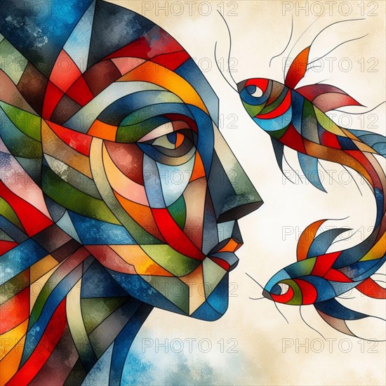Surreal abstract image of a woman's face with fish, in a cubist style with vibrant colors, square aspect, AI generated