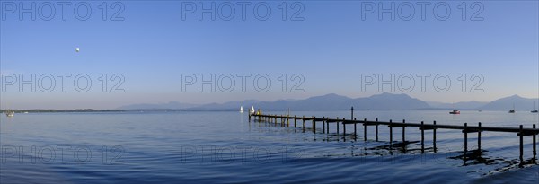 Lake Chiemsee with mountains from Hotel Malerwinkel, Chiemgau, Upper Bavaria, Bavaria, Germany, Europe