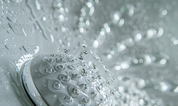 Macro shot of water droplets on a reflective metal shower head surface AI generated