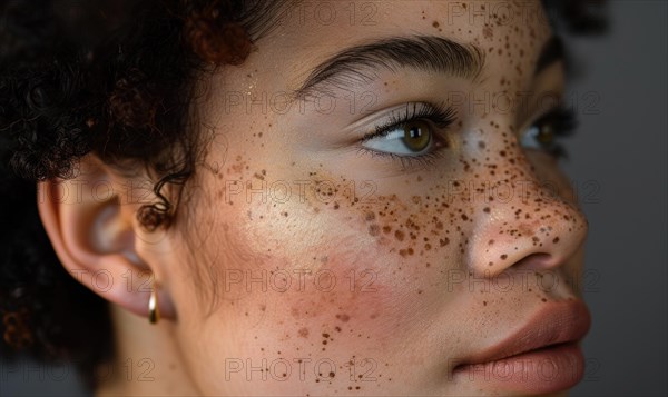 Close-up portrait of a young woman with freckles, projecting simplicity AI generated