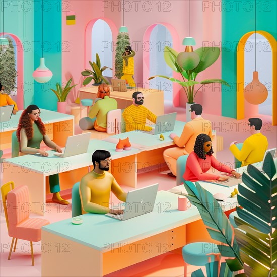 Colorful open office space with workers at modern workstations, AI generated