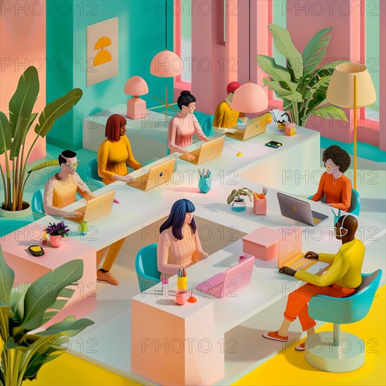 Illustration of a vibrant co-working office space with individuals working on computers, AI generated
