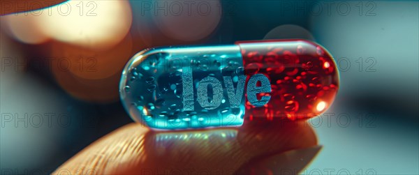 Hand holding a capsule half blue, half red with 'love' on it amidst light flares, AI generated