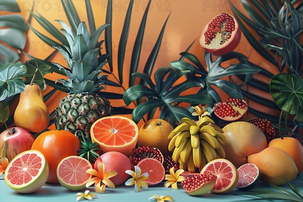 Vibrant still life of various tropical fruits arranged against a backdrop of palm leaves, illustration, AI generated