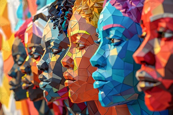 Colorful geometric faces sculpture with a three-dimensional abstract design, illustration, AI generated