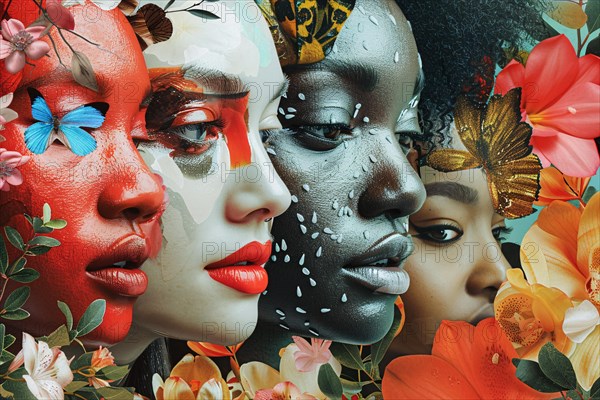 Artistic photo manipulation portraying women's portraits with vibrant face paint and flowers, illustration, AI generated