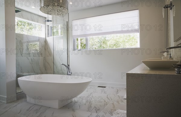 Glass shower stall with white acrylic freestanding bathtub in main bathroom with marble floor tiles inside luxurious home, Quebec, Canada, North America