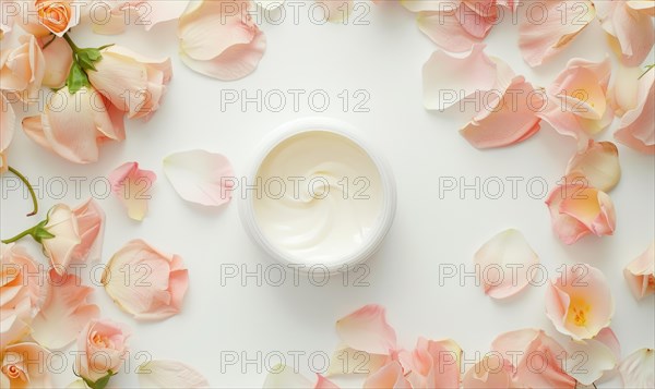 Blank creme jar mockup encircled by pastel flower petals on a white background, top view AI generated