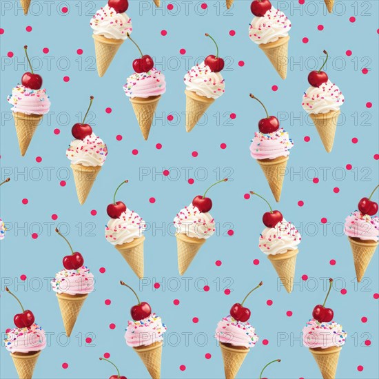 Flat lay pattern of ice cream sundaes with cherries and sprinkles AI generated