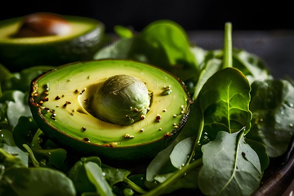 Avocado slices fanned out on a bed of mixed greens, AI generated