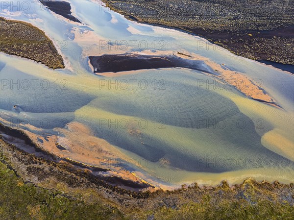 Overgrown mineralised river landscape, drone image, Landeyjasandur, Sudurland, Iceland, Europe