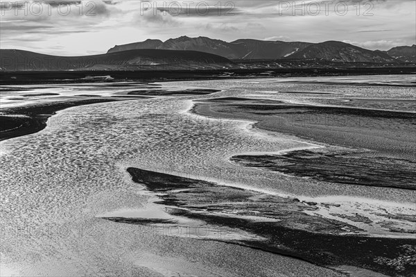 Overgrown river landscape, black and white photograph, Fjallabak Nature Reserve, Sudurland, Iceland, Europe