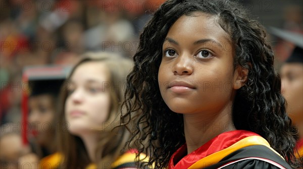 A latino young girl in school graduation attire looks forward with a serious expression amid a ceremony, AI generated