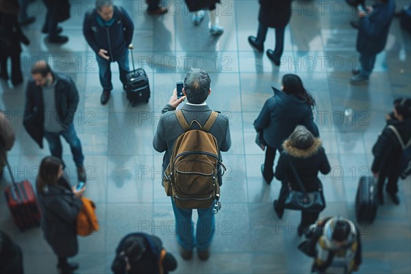 Back view of male traveler with backpack looking up in an airport, AI generated