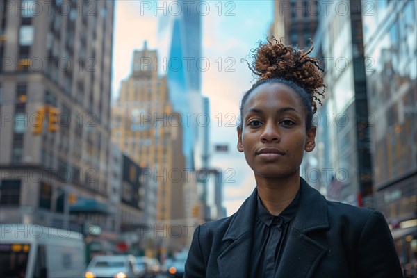 A confident woman in professional attire standing in front of city skyscrapers at dusk, AI generated