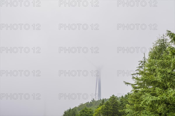 Large electric wind turbine in countryside hidden by heavy morning fog in Gangneung, South Korea, Asia