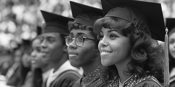 A black and white photo capturing the side profile of african american graduates during a ceremony, AI generated