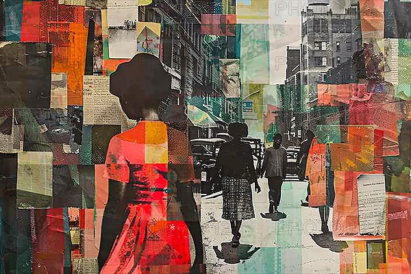 Mixed media collage with a woman's silhouette against a backdrop of colorful urban streets, illustration, AI generated