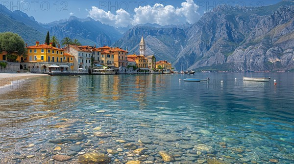 A tranquil Italian lakeside village nestled between clear waters and towering mountains, relaxation, recreation, serenity, naturalness, meditation, enjoyment concept, AI generated