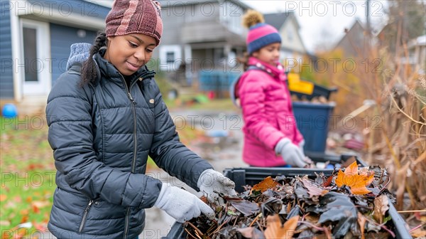 Two women work together tending to a garden full of autumn leaves, waste separation and waste reduction and recycling concept, AI generated