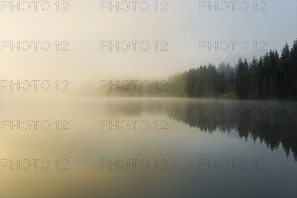 Sunrise and morning fog, Geroldsee or Wagenbruechsee, Kruen near Mittenwald, Werdenfelser Land, Upper Bavaria, Bavaria, Germany, Europe