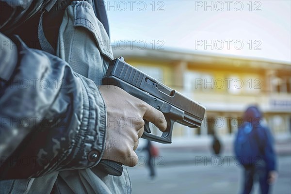 Young man with a pistol gun standing in front of a high school building in blurry background. KI generiert, generiert, AI generated