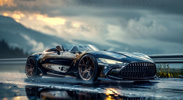 Sleek convertible german design super car parked on a rainy sunset with atmospheric mountains in the distance, AI generated