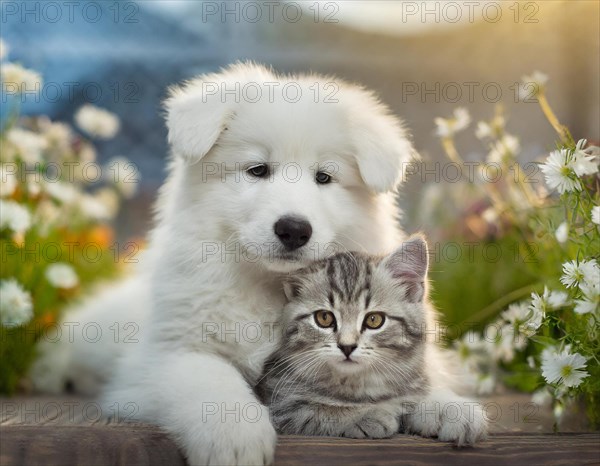 Dog, puppies of a white shepherd dog cuddling with a young white cat, AI generated, AI generated