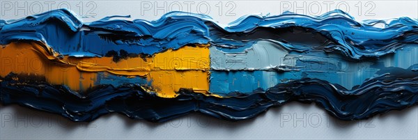 Flowing blue and yellow oil paint with an undulating wave-like texture, banner 3:1 wide style, horizontal aspect ratio, AI generated