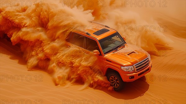 An orange 3x4 pickup truck charges through a desert sandstorm, showcasing power and movement, ai generated, AI generated