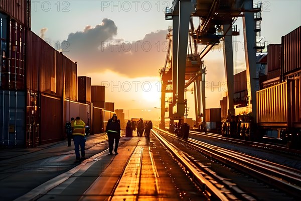 Bustling container terminal capturing the scene from the inner depths as colossal cranes, AI generated