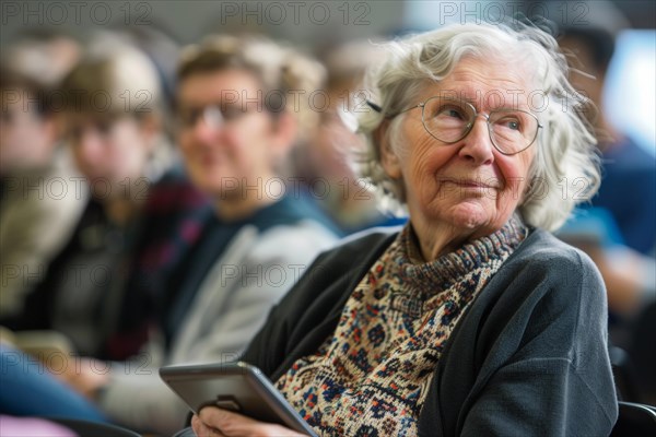 A woman of advanced age, senior citizen, sitting with a digital tablet in a course room, training room, symbol image, digital teaching, learning environment, adult education centre, course, training course, learning in old age, media skills in old age, eLearning, media education, AI generated, AI generated, AI generated