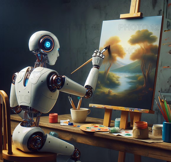 A humanoid robot paints a landscape with brush and paint, symbolic image cybernetics, robotics, art, artificial intelligence, painting AI generated, AI generated