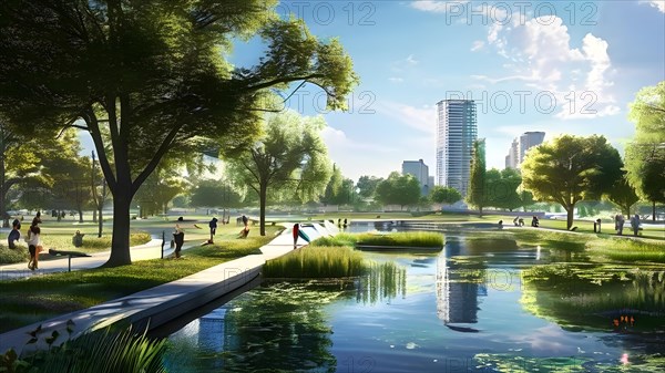 Concept of city park with integrated flood mitigation system water channels and reservoir, AI generated