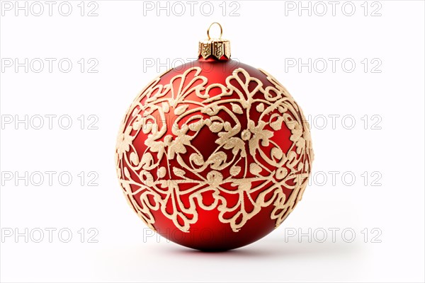 Single red and golden Christmas ornament bauble on white background. KI generiert, generiert, AI generated