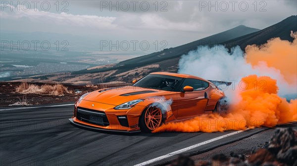 A sports car drifting on a mountain road with dramatic orange smoke in the background, action sports photography, AI generated